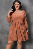 Chestnut Plus Size Suede Square Neck Balloon Sleeve Dress