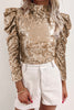 Apricot Sequin Mock Neck Bubble Sleeve Top