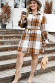 Khaki Plus Size Plaid Flounce Sleeve Button up Shirt Dress