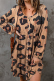 Leopard Print Button Front Bubble Sleeve Loose Knit Dress