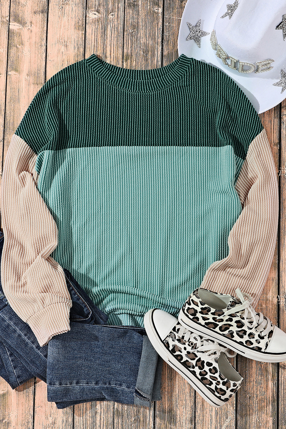 Green Color Block Long Sleeve Ribbed Loose Top