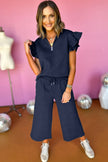 Navy Blue Textured Flutter Sleeve Top Wide Leg Pants Set