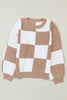 Checkered Ribbed Knit Puff Sleeve Sweater