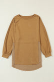 Camel Crinkle Splicing Raw Hem High Low Oversized Blouse