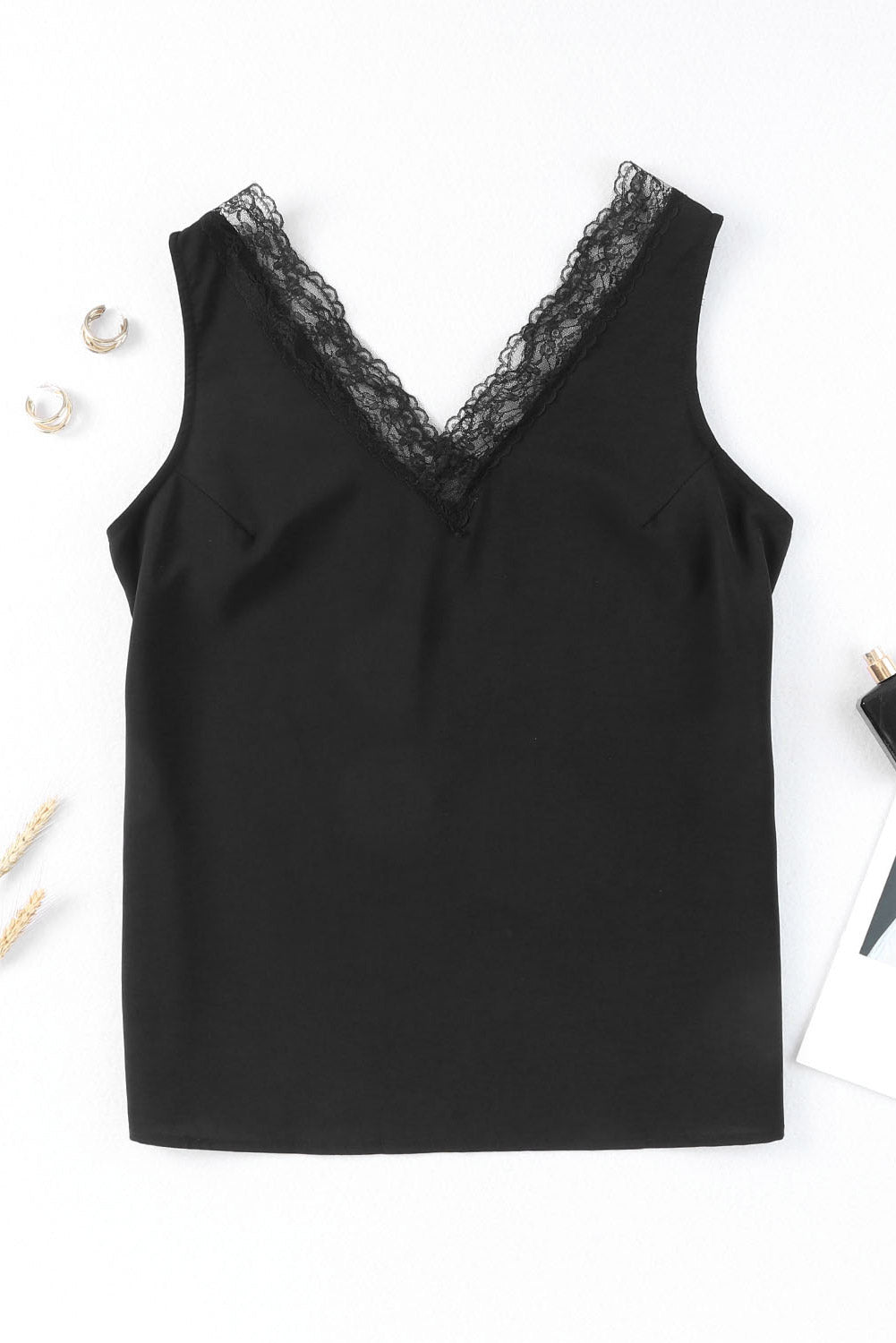 Black Lace Splicing Open Back V Neck Tank Top