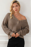 Khaki Pointelle Knit Button V Neck Drop Shoulder Sweater