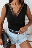 Black Lace Splicing Open Back V Neck Tank Top