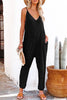 Black Textured Sleeveless V-Neck Pocketed Casual Jumpsuit