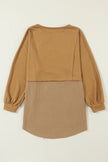 Camel Crinkle Splicing Raw Hem High Low Oversized Blouse