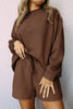 Brown Textured Long Sleeve Top and Drawstring Shorts Set