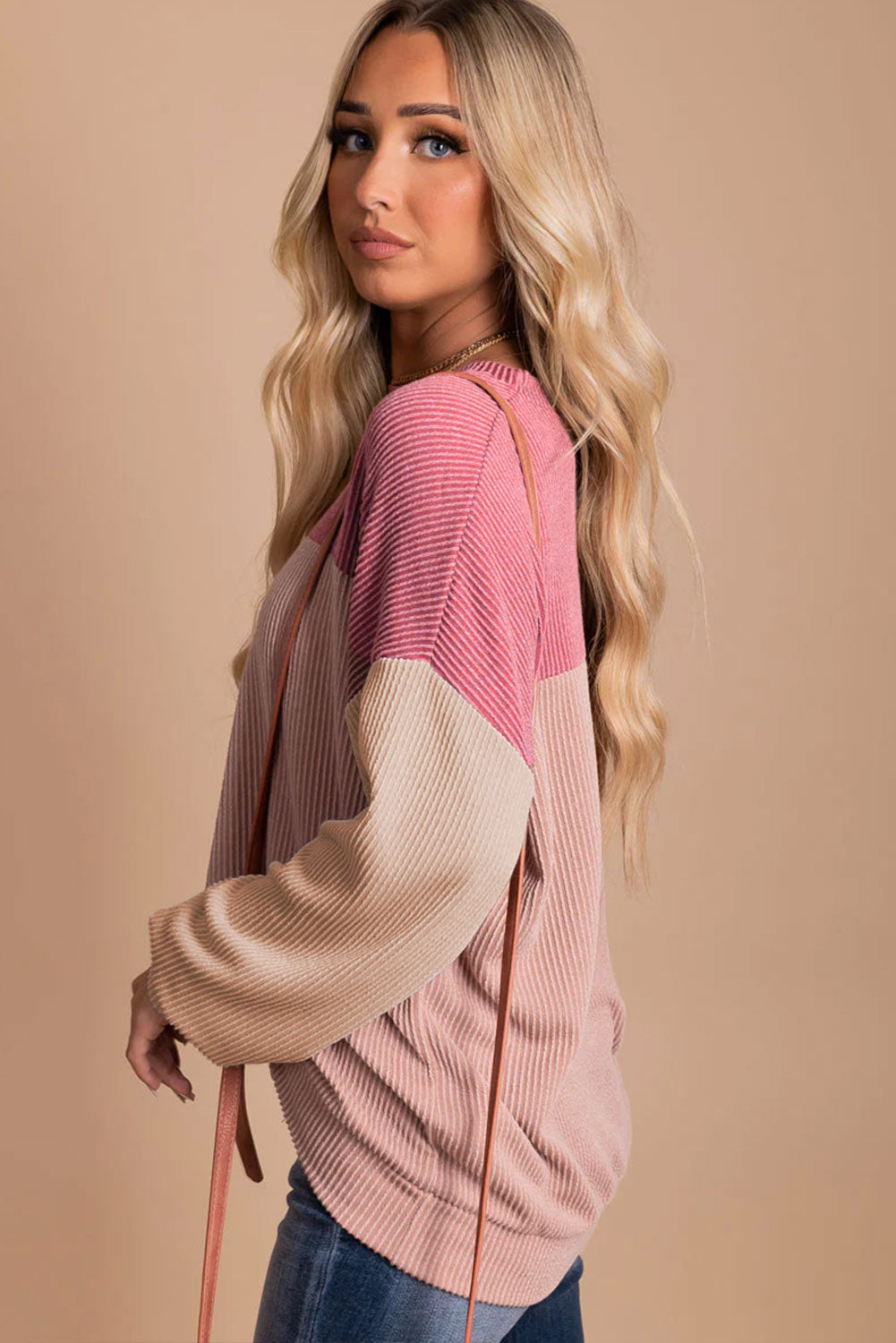 Pink Color Block Long Sleeve Ribbed Loose Top