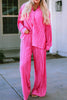 Rose Pleated Long Sleeve Shirt and Wide-Leg Pants Set