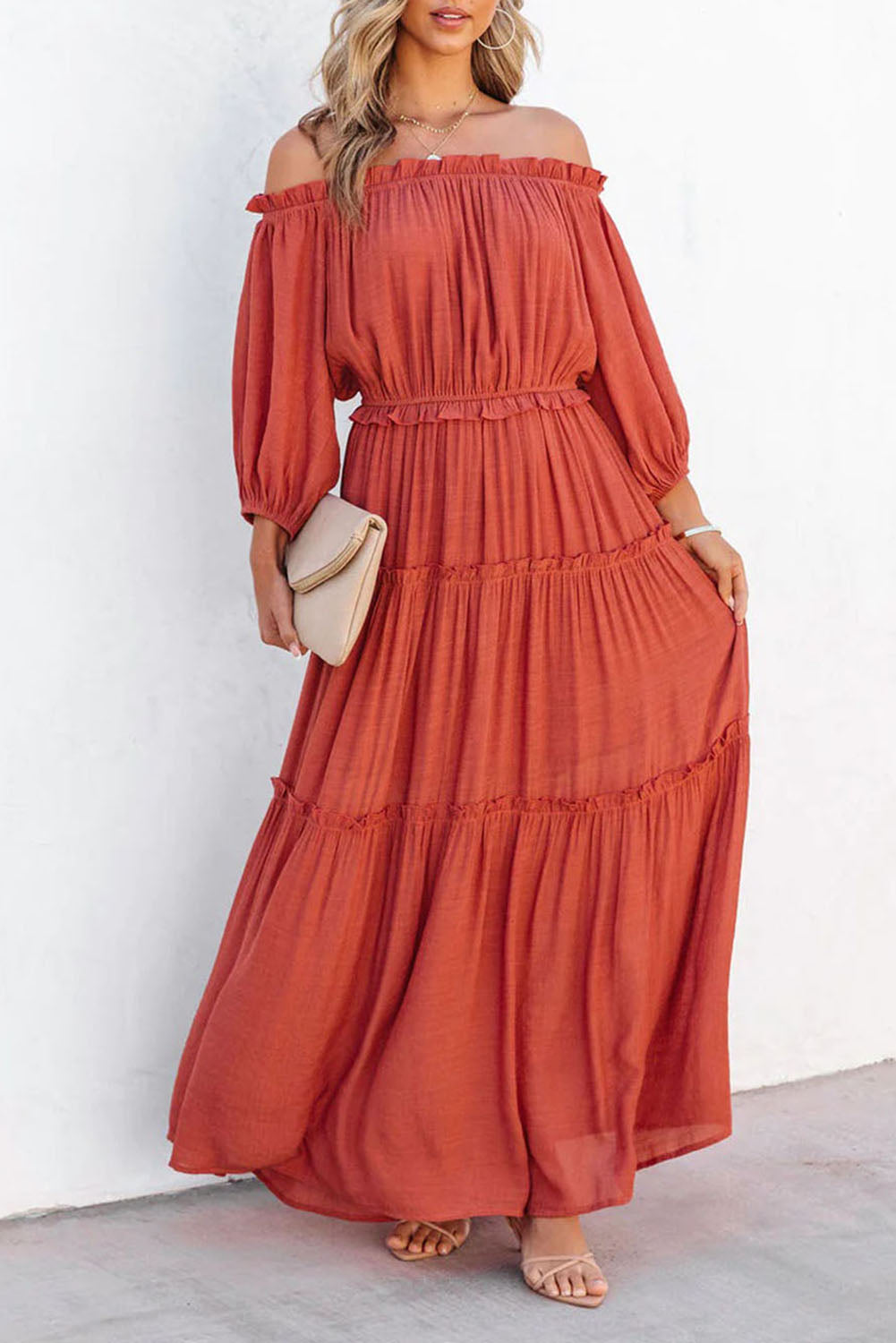 Orange Off Shoulder Balloon Sleeve Cutout Ruffled Maxi Dress