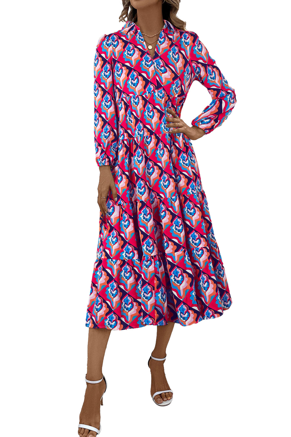 Abstract Geometric Print Long Sleeve High Waist Dress