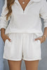 White Ribbed Zipper Sweatshirt and High Waist Shorts Set