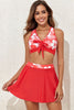 Fiery Red 3pcs Printed Crossed Top and A-line Skirt Bikini Set