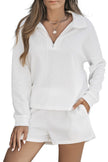 White Ribbed Zipper Sweatshirt and High Waist Shorts Set