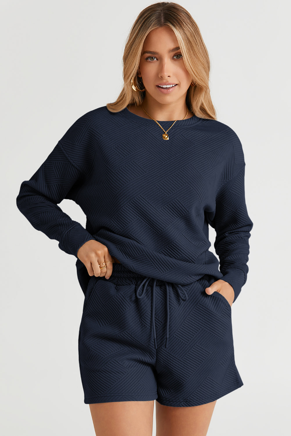 Navy Blue Textured Long Sleeve Top and Drawstring Shorts Set