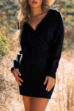 Black Cable Ribbed Knit V Neck Bodycon Sweater Dress