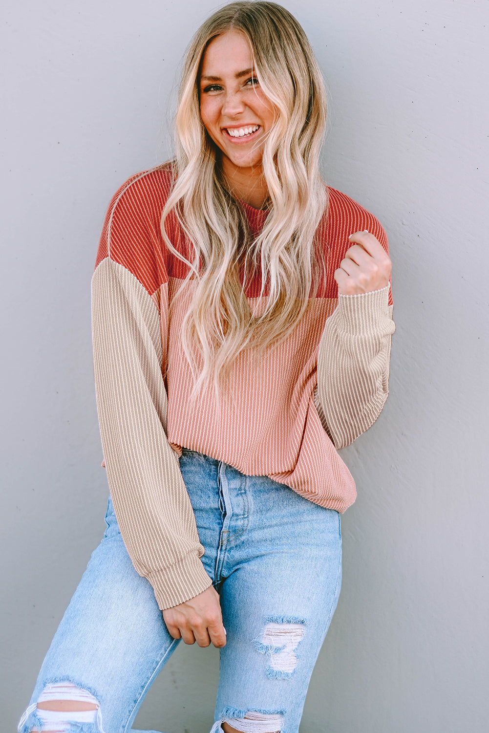 Fiery Red Color Block Long Sleeve Ribbed Loose Top