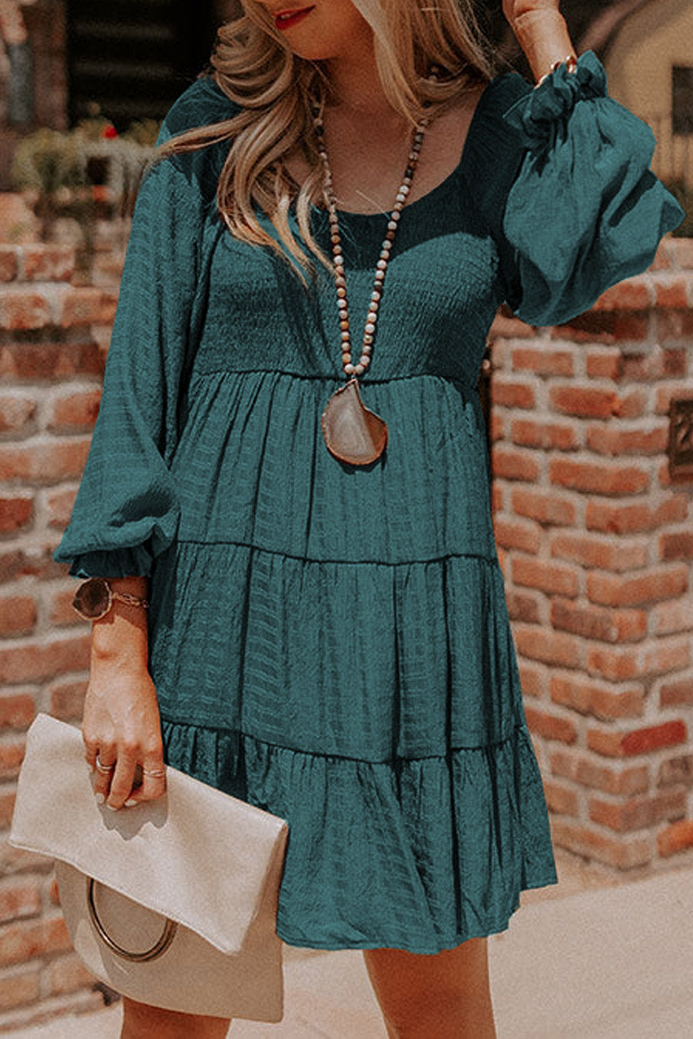 Mist Green Bishop Sleeve Smocked Tiered Mini Dress