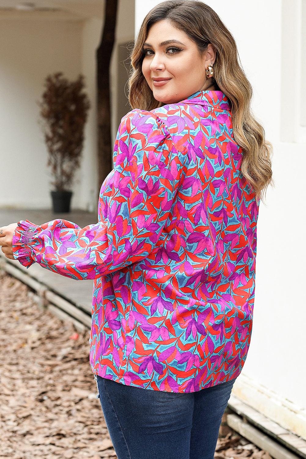 Multicolour Plus Size Floral Print Ruffled Puff Sleeve Shirt