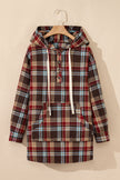 Fiery Red Plus Size Plaid Kangaroo Pocket Drawstring Hoodie