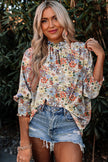 Multicolor Shirred Cuffs Bubble Sleeve Floral Blouse