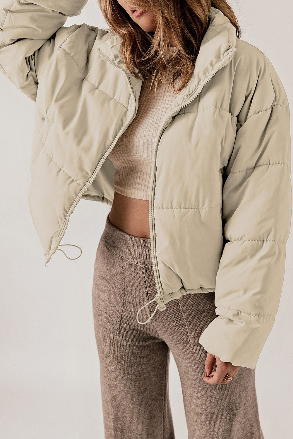 Apricot Zip Up Drawstring Hem Puffer Coat