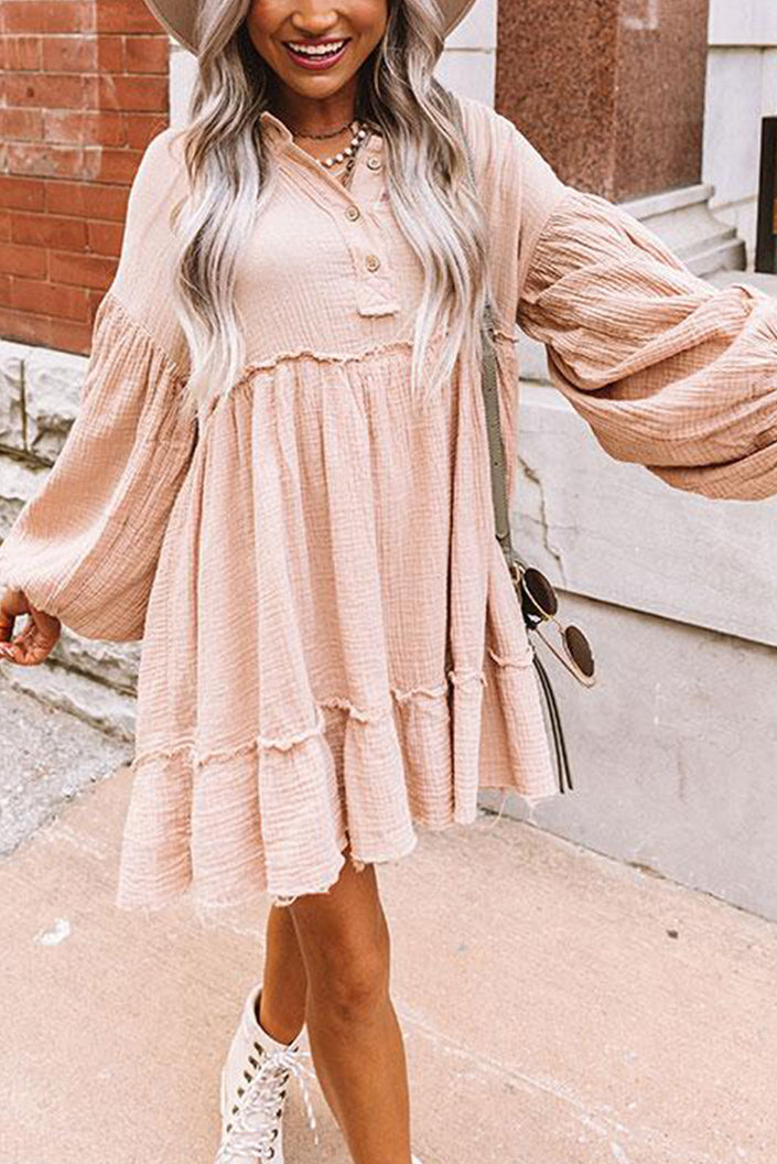 Oatmeal Crinkle Distressed Puff Sleeve Flared Dress