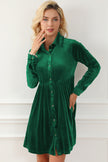 Green Long Sleeve Ruffle Velvet Button Up Dress