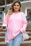 Pink Exposed Seam Leopard Splicing Plus Size Sweatshirt