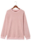 Pink Solid Ribbed Knit Round Neck Pullover Sweatshirt