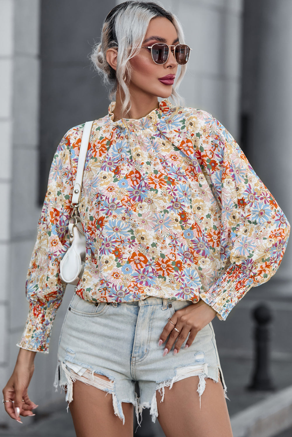 Multicolor Shirred Cuffs Bubble Sleeve Floral Blouse