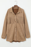 Khaki Fringe Trim Plus Size Suede Shacket