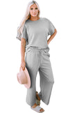 Gray Textured Loose Fit T Shirt and Drawstring Pants Set