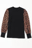 Black Leopard Print Long Sleeve Ribbed Knit Blouse