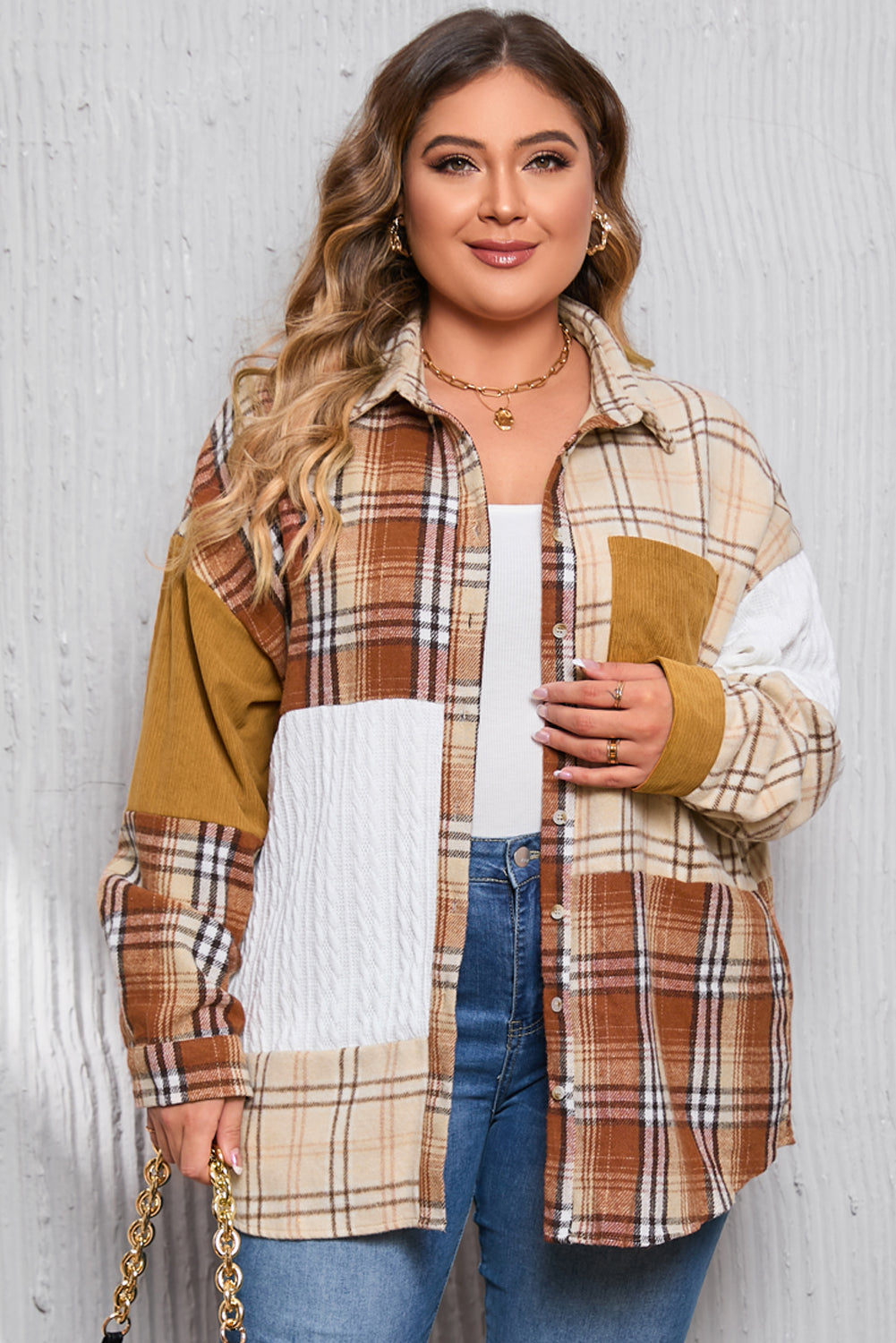 Golden Apricot Plus Size Plaid Patchwork Button up Shacket