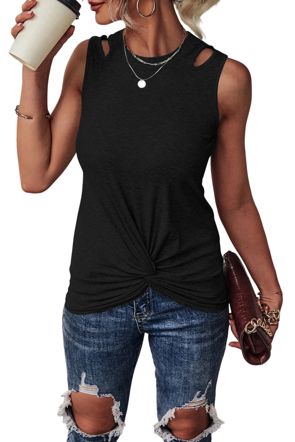 Black Rib Knit Cut-out Front Twist Tank Top