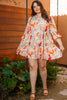 Multicolour Plus Size Mix Floral Puff Sleeve Ruffled Dress