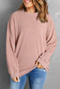 Pink Solid Ribbed Knit Round Neck Pullover Sweatshirt