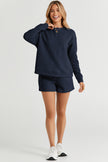 Navy Blue Textured Long Sleeve Top and Drawstring Shorts Set