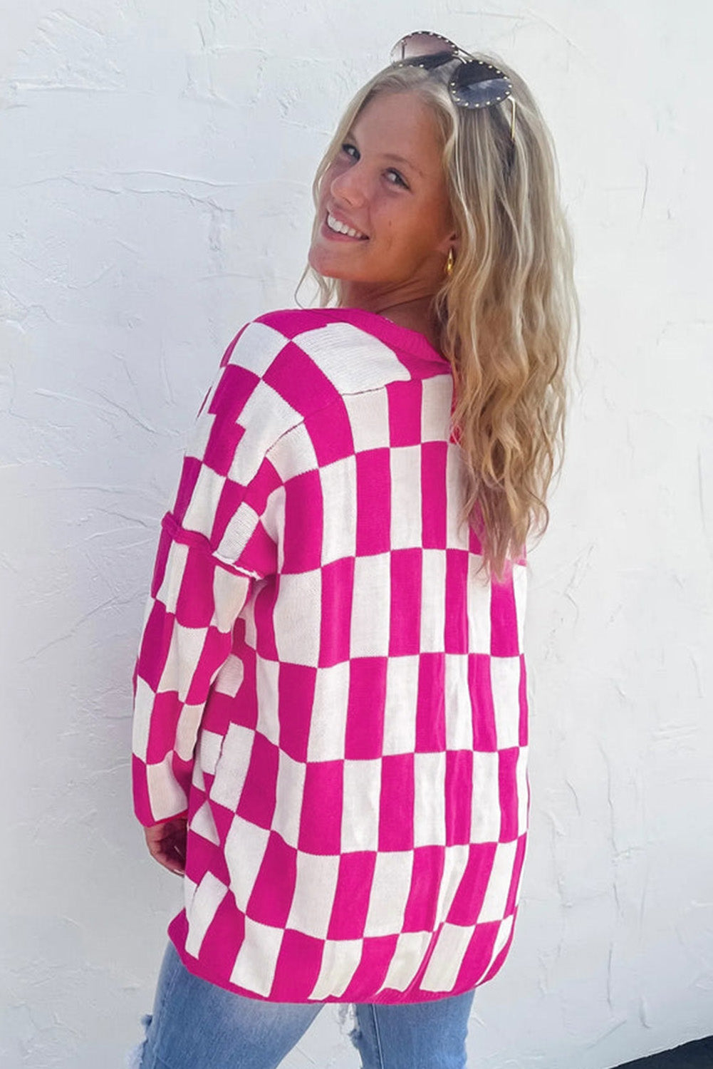 Bonbon Checkered Pattern Open Front Plus Size Cardigan