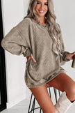 Khaki Solid Ribbed Knit Round Neck Pullover Sweatshirt