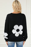 Black Big Flower Pattern Knit Sweater