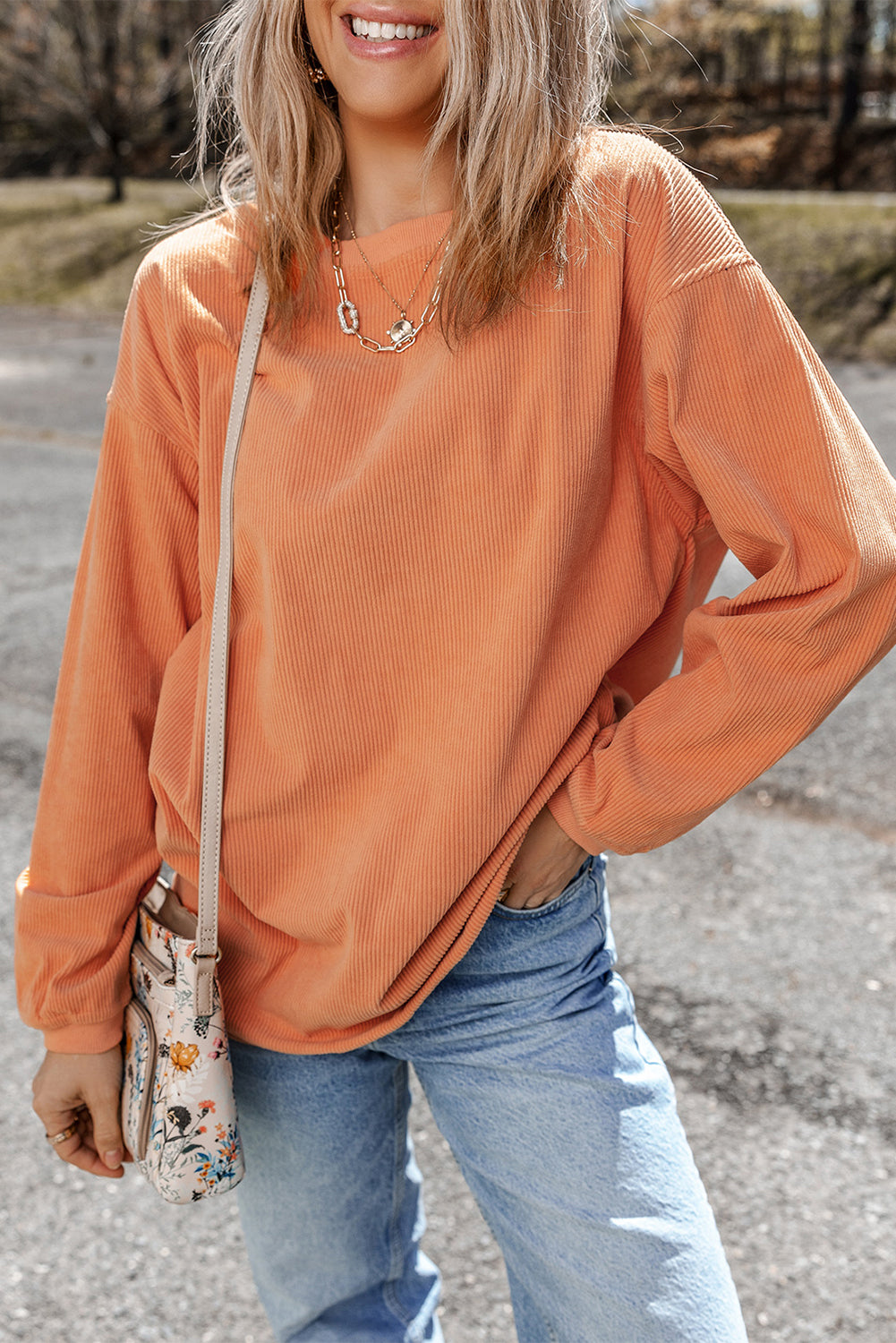 Orange Ribbed Corded Oversized Sweatshirt