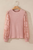 Peach Blossom Sunflower Mesh Bubble Sleeve Waffle Knit Top