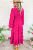 Rose Red Shirred V Neck Long Sleeve Velvet Dress