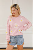 Pink Chenille Daisy Stitching Crew Neck Sweater