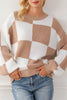 Checkered Ribbed Knit Puff Sleeve Sweater